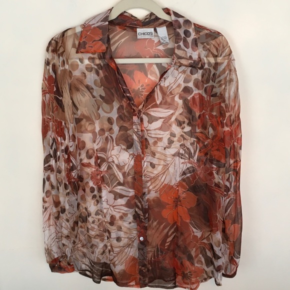 Chico's Tops - Chico's Sheer Floral Blouse - Orange and Brown